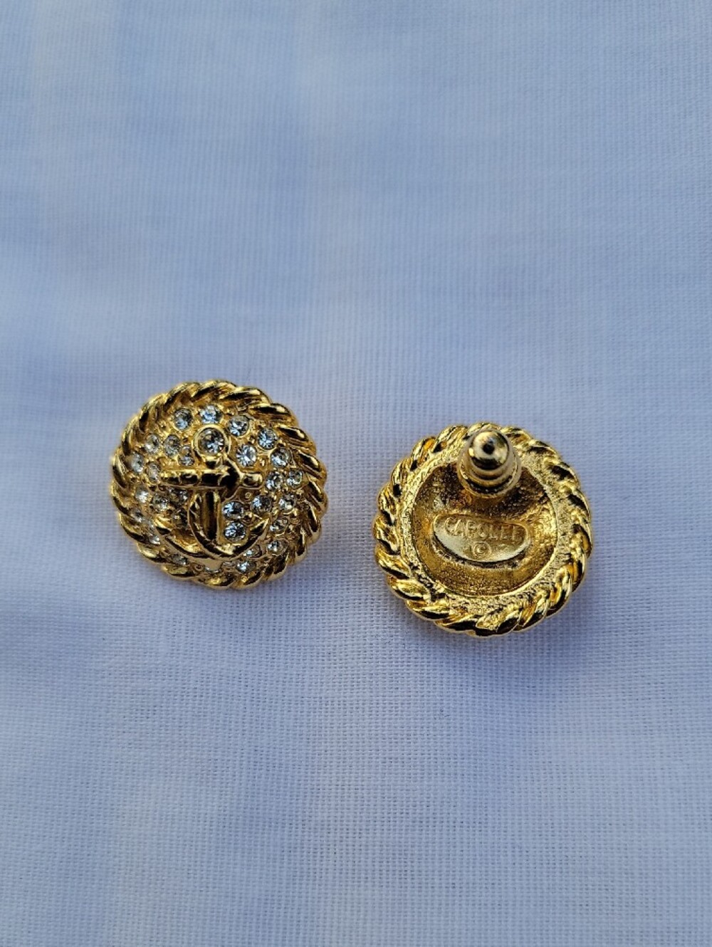 Vintage Carolee Gold-Tone Crystal Nautical  Rope Button Pierced Earrings - Picture 3 of 4
